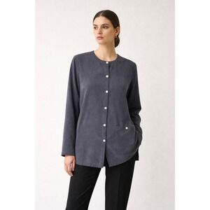 Anne Carson Silk Navy Button Front Tunic Top Size L Minimalist Quiet Luxury Chic